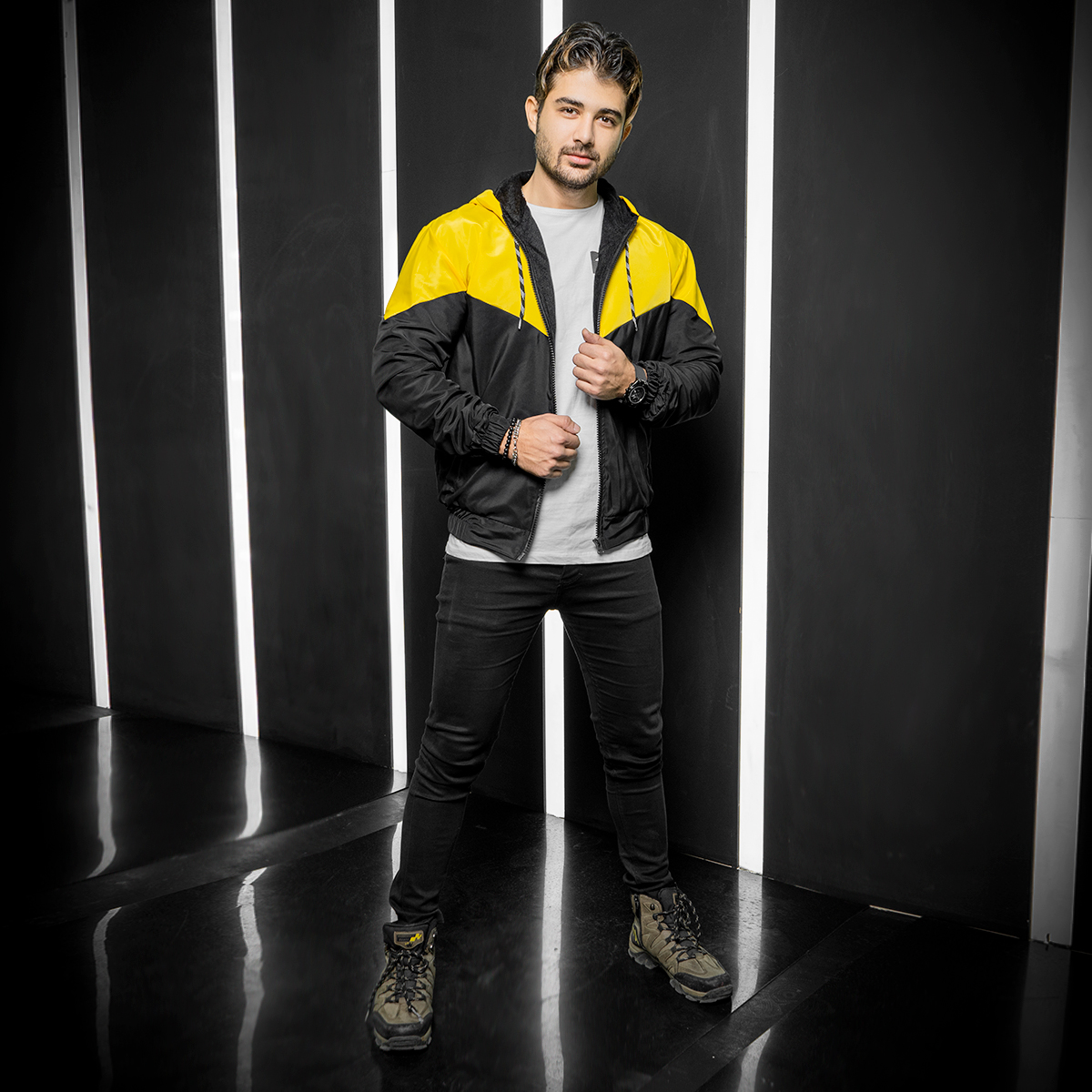 کاپشن مردانه مشکی زرد مدل K64