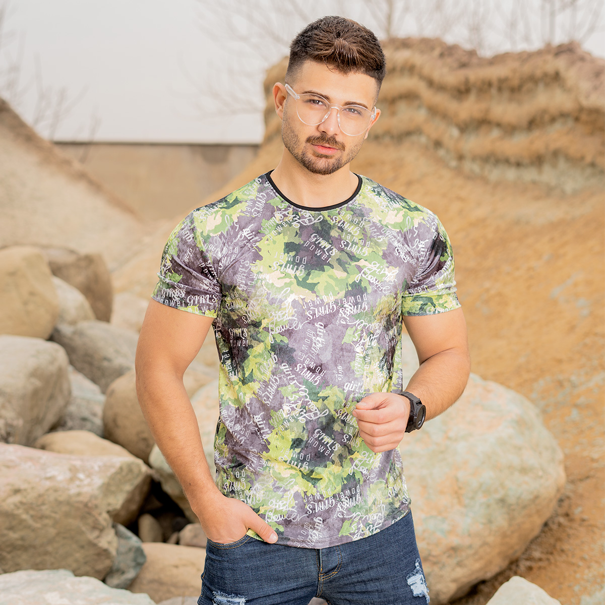 تیشرت مخمل سبز مردانه مدل Power