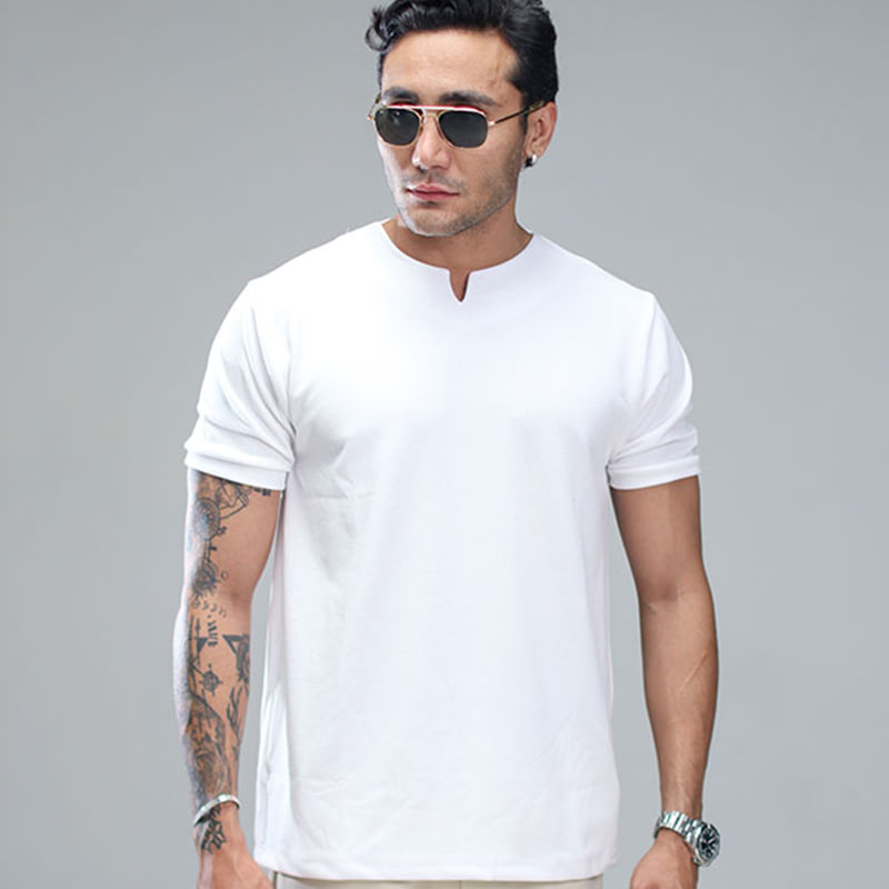 تیشرت آستین کوتاه یقه کوبایی سفید مردانه مدل Asam