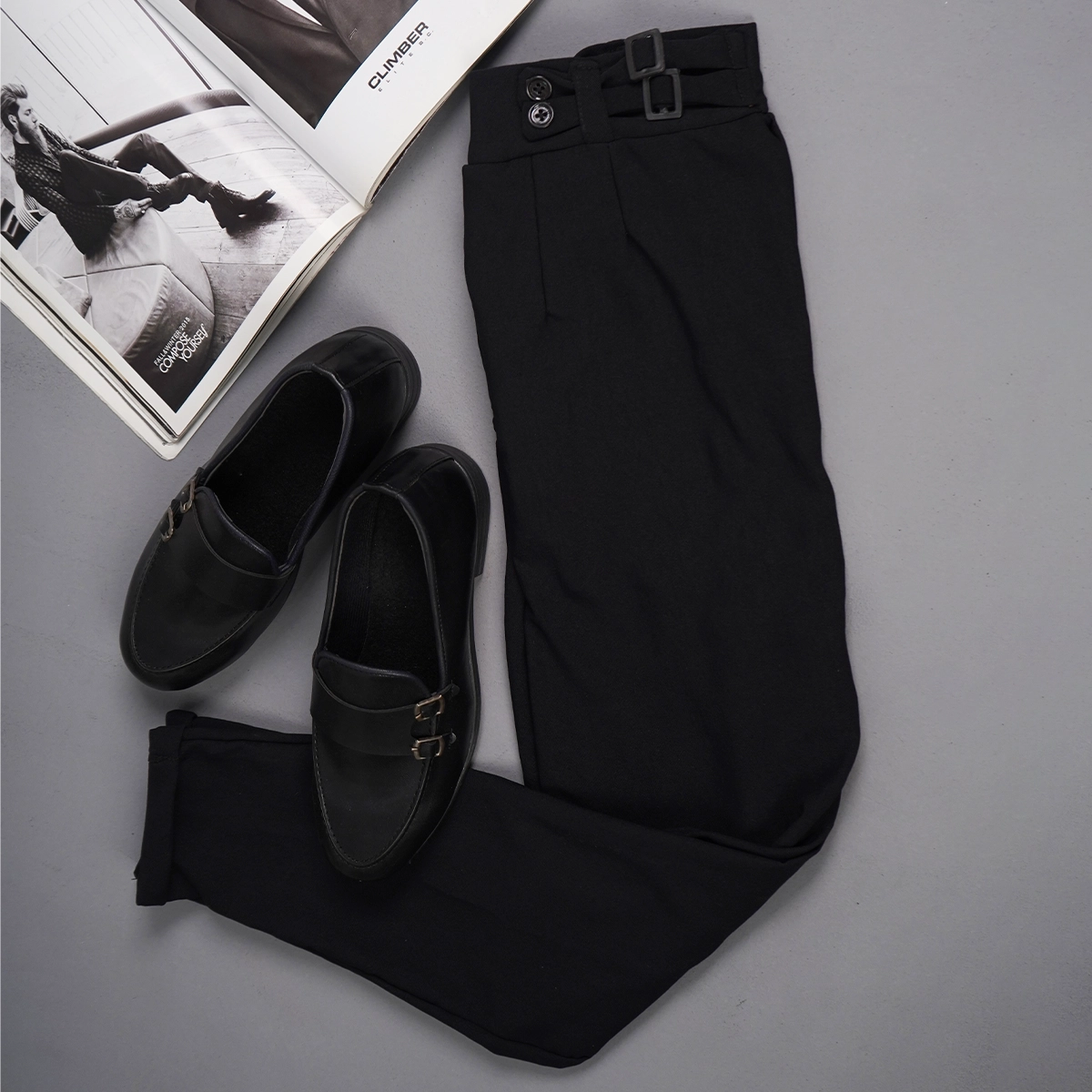 شلوار مردانه مشکی دو دکمه دو سگک مدل kyanosh